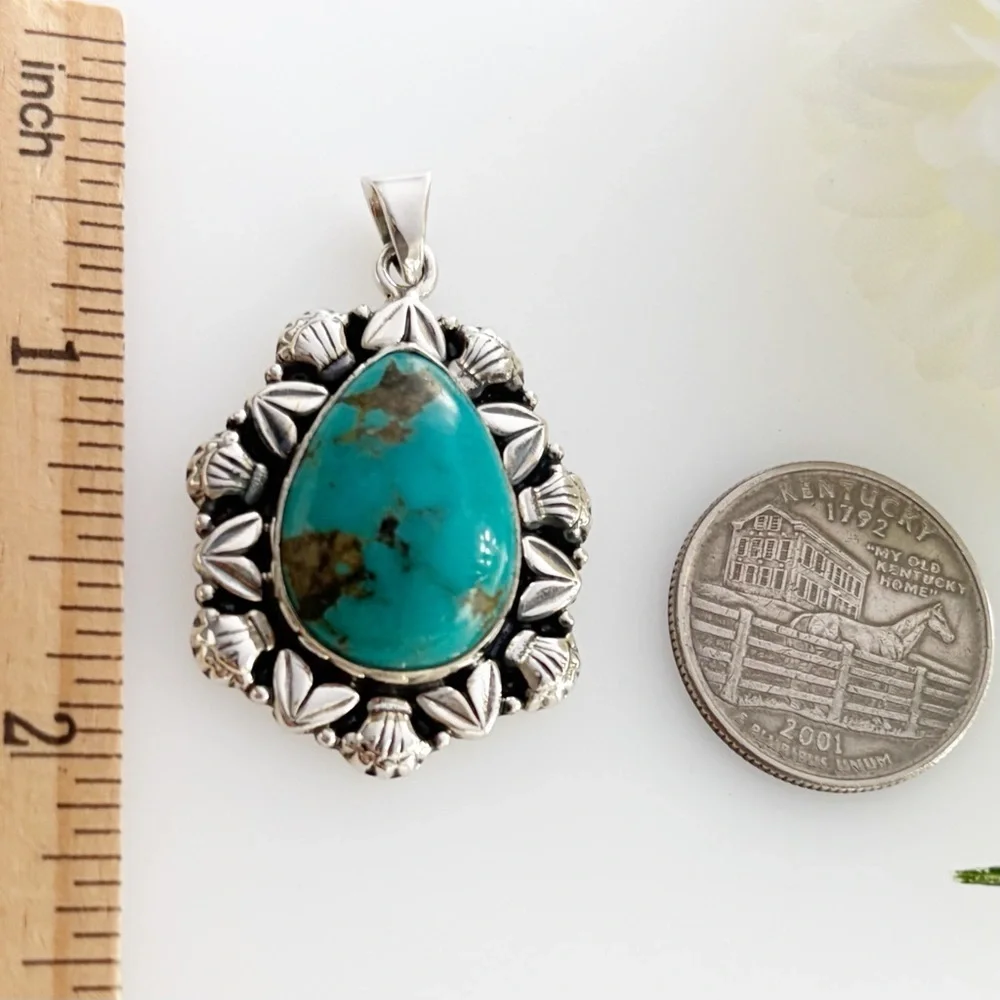 Pure Sterling Silver 925 Genuine Turquoise Pendant Southwest Navajo Style New